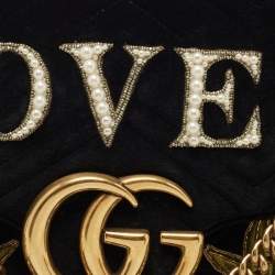 Pre Owned Gucci Black Love Embroidered Matelassé Velvet Medium GG Marmont Shoulder Bag