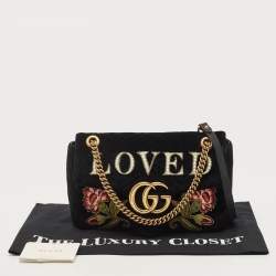 Pre Owned Gucci Black Love Embroidered Matelassé Velvet Medium GG Marmont Shoulder Bag