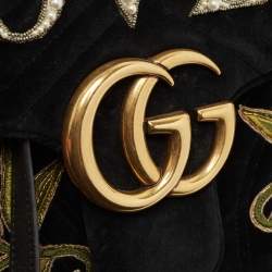 Pre Owned Gucci Black Love Embroidered Matelassé Velvet Medium GG Marmont Shoulder Bag