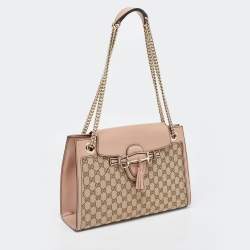 Pre Owned Gucci Beige/Pink GG Canvas And Leather Large Emily Chain Shoulder Bag