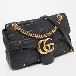 Gucci Black Quilted Leather Medium GG Marmont Studded Shoulder Bag