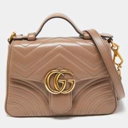 Pre Owned Gucci Beige Matelasse Leather Mini GG Marmont Top Handle Bag