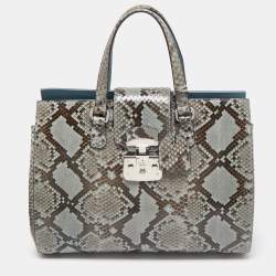 Pre Owned Gucci Light Blue/Black Python Large Lady Lock Flap Tote