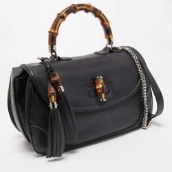 Pre Owned Gucci Black Leather Large New Bamboo Tassel Top Handle Bag
