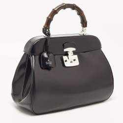 Pre Owned Gucci Black Patent Leather Large Lady Lock Bamboo Top Handle Bag