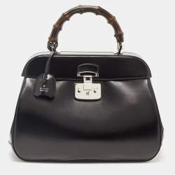 Pre Owned Gucci Black Patent Leather Large Lady Lock Bamboo Top Handle Bag
