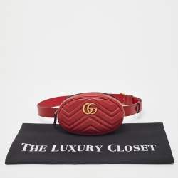 Pre Owned Gucci Red Matelassé Leather GG Marmont Belt Bag