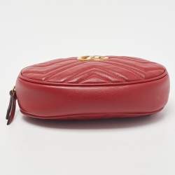 Pre Owned Gucci Red Matelassé Leather GG Marmont Belt Bag