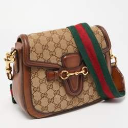 Pre Owned Gucci Beige/Brown GG Canvas and Leather Lady Web Flap Crossbody Bag