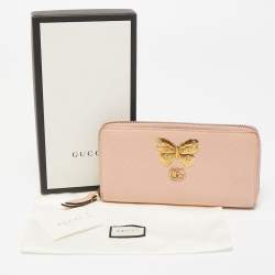 Gucci Light Pink Leather GG Butterfly Zip Around Continental Wallet