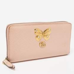 Gucci Light Pink Leather GG Butterfly Zip Around Continental Wallet