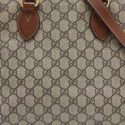 Pre Owned Gucci Brown/Beige GG Canvas and Leather Side Snap Tote