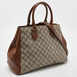 Pre Owned Gucci Brown/Beige GG Canvas and Leather Side Snap Tote