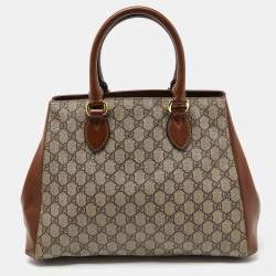 Pre Owned Gucci Brown/Beige GG Canvas and Leather Side Snap Tote