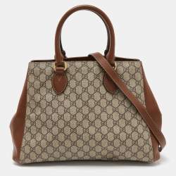 Pre Owned Gucci Brown/Beige GG Canvas and Leather Side Snap Tote