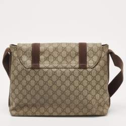 Pre Owned Gucci Beige/Brown GG Supreme Canvas Double Buckle Flap Messenger Bag