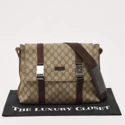 Pre Owned Gucci Beige/Brown GG Supreme Canvas Double Buckle Flap Messenger Bag