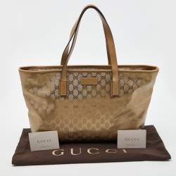 Pre Owned Gucci Gold GG Imprime Canvas and Leather Shopper Tote