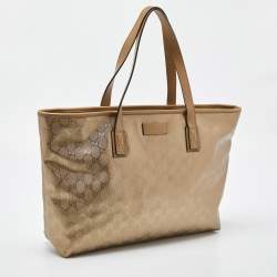 Pre Owned Gucci Gold GG Imprime Canvas and Leather Shopper Tote