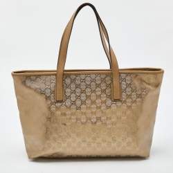 Pre Owned Gucci Gold GG Imprime Canvas and Leather Shopper Tote