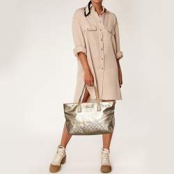 Pre Owned Gucci Gold GG Imprime Canvas and Leather Shopper Tote