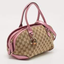 Pre Owned Gucci Beige/Pink GG Canvas and Leather Heart Bit Satchel
