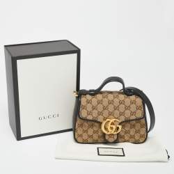 Gucci Beige/Black Diagonal Quilt GG Canvas and Leather Mini GG Marmont Top Handle Bag