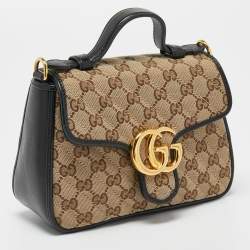 Gucci Beige/Black Diagonal Quilt GG Canvas and Leather Mini GG Marmont Top Handle Bag