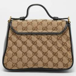 Gucci Beige/Black Diagonal Quilt GG Canvas and Leather Mini GG Marmont Top Handle Bag