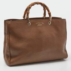 Pre Owned Gucci Brown Leather Large Bamboo Shopper Tote