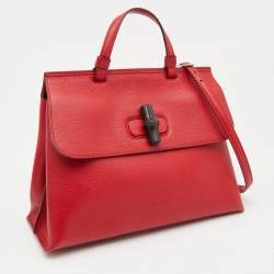 Pre Owned Gucci Red Leather Medium Bamboo Daily Top Handle Bag