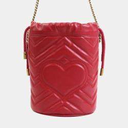 Pre Owned Gucci Red Leather GG Marmont Bucket Bag