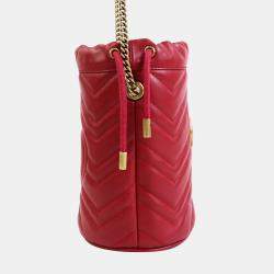 Pre Owned Gucci Red Leather GG Marmont Bucket Bag