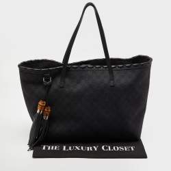Pre Owned Gucci Black GG Canvas and Leather Bamboo Tassel Shopper Tote