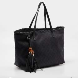 Pre Owned Gucci Black GG Canvas and Leather Bamboo Tassel Shopper Tote
