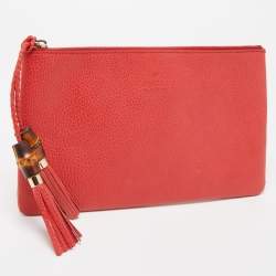 Gucci Red Leather Bamboo Tassel Zip Pouch