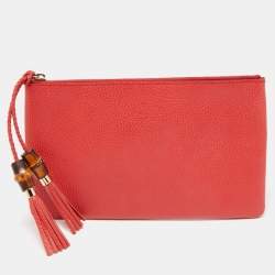 Gucci Red Leather Bamboo Tassel Zip Pouch