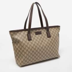 Pre Owned Gucci Ebony/Beige GG Supreme Canvas Zip Tote