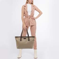 Pre Owned Gucci Ebony/Beige GG Supreme Canvas Zip Tote