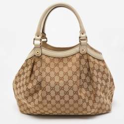 Pre Owned Gucci Off White/Beige GG Canvas and Leather Medium Sukey Tote