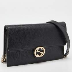 Gucci Black Leather Interlocking G Wallet on Chain