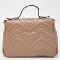 Pre Owned Gucci Beige Matelasse Leather Small GG Marmont Top Handle Bag