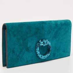 Pre Owned Gucci Teal Suede Crystal Embellished Broadway Clutch