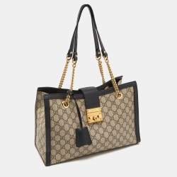 Pre Owned Gucci Beige/Black GG Supreme Canvas and Leather Medium Padlock Tote