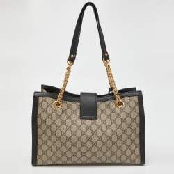 Pre Owned Gucci Beige/Black GG Supreme Canvas and Leather Medium Padlock Tote