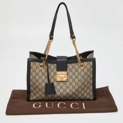 Pre Owned Gucci Beige/Black GG Supreme Canvas and Leather Medium Padlock Tote