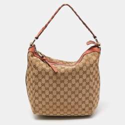 Pre Owned Gucci Crimson Red/Beige GG Canvas and Leather Bamboo Bar Hobo