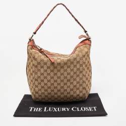 Pre Owned Gucci Crimson Red/Beige GG Canvas and Leather Bamboo Bar Hobo