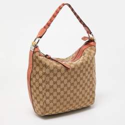 Pre Owned Gucci Crimson Red/Beige GG Canvas and Leather Bamboo Bar Hobo