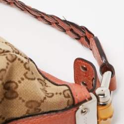 Pre Owned Gucci Crimson Red/Beige GG Canvas and Leather Bamboo Bar Hobo